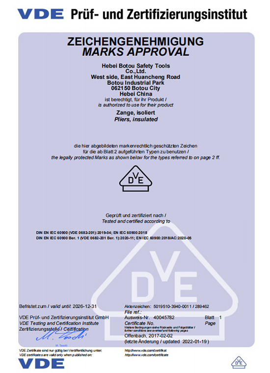 VDE Certificate of Pliers
