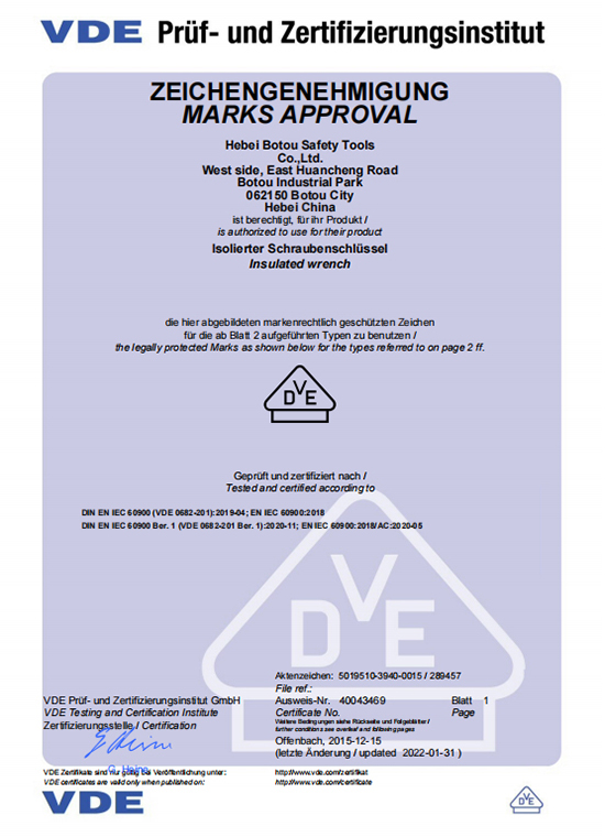 VDE Certificate of Single Open End Wrench